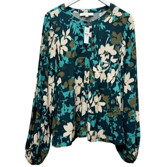 LOFT Blouse Size XL Teal Floral Flowy Womens Top Rayon Long Sleeve NWT - Picture 1 of 10
